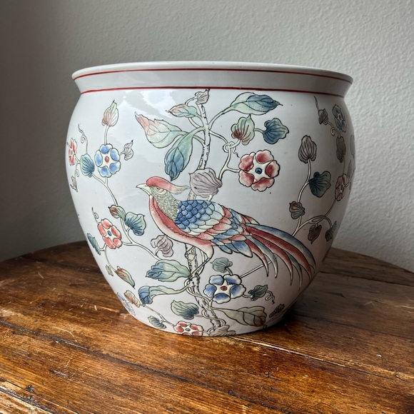 Vintage Asian Koi Fish and Bird with floral Design Planter Cache pot - Picture 2 of 9